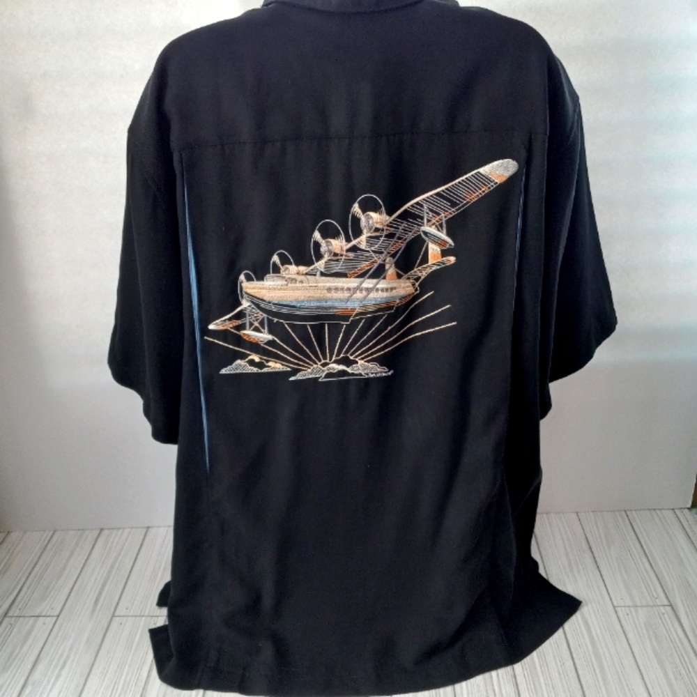 Tori Richard Silk Blend Embroidered Plane Camp Shirt